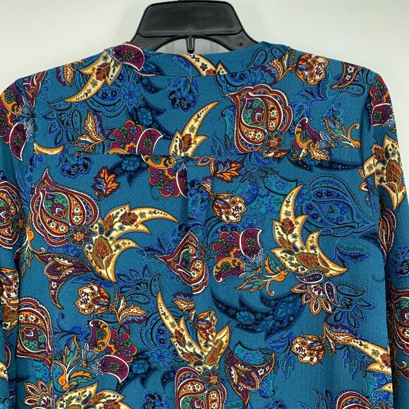 NY Collection Top Blue Floral Print Zip V Neck Roll Tab Sleeve - Picture 8 of 11